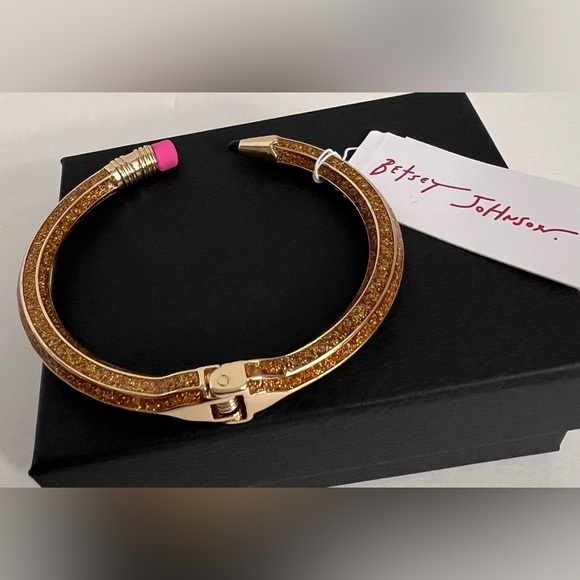 New BETSEY Johnson Gold Glitter Pencil Hinged Cuff Bracelet Back To School - Picture 4 of 16